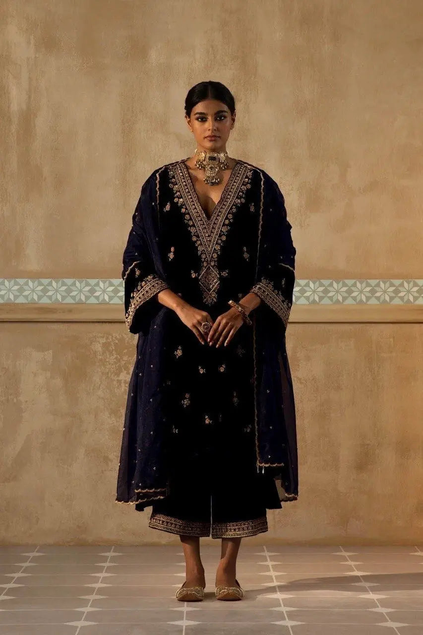 Winter Special Neck Thread Embroidery work Velvet Kurti Pant Set ( Fully Stitched)