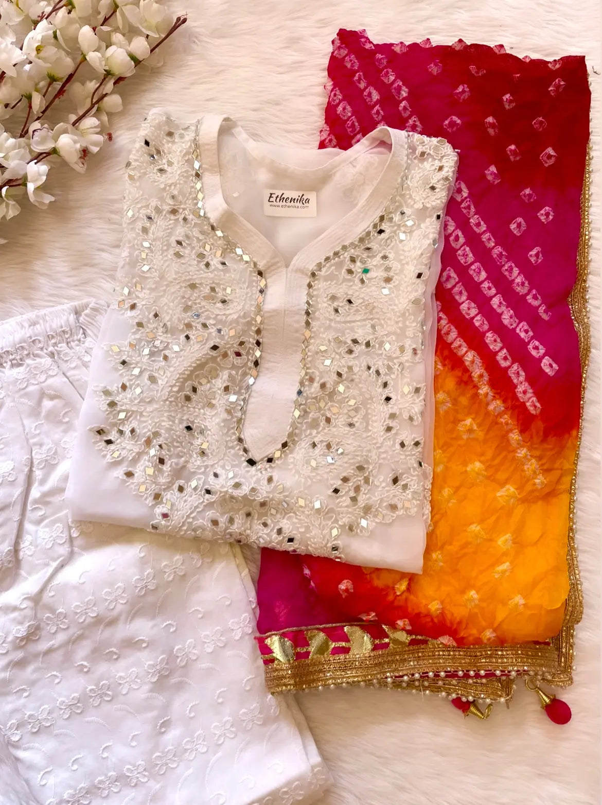 Real Mirror Work Kurti with Pant and Bandhani Work Dupatta Set (Stitched)