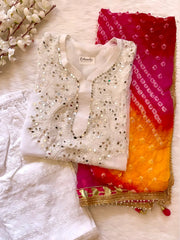Real Mirror Work Kurti with Pant and Bandhani Work Dupatta Set (Stitched)