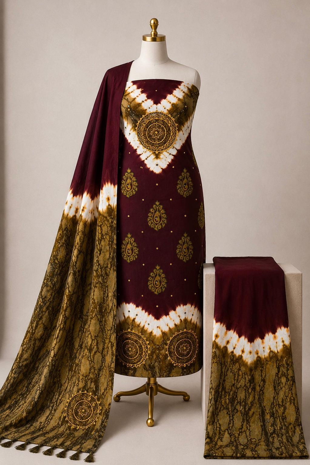 Soft Cotton Mirror Khatli Thread Work 3pc Unstitched Shibori Bandhani Dress Material