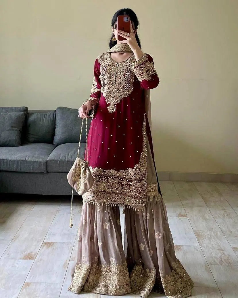 Real mirror Embroidery work Kurti Sharara Dupatta set