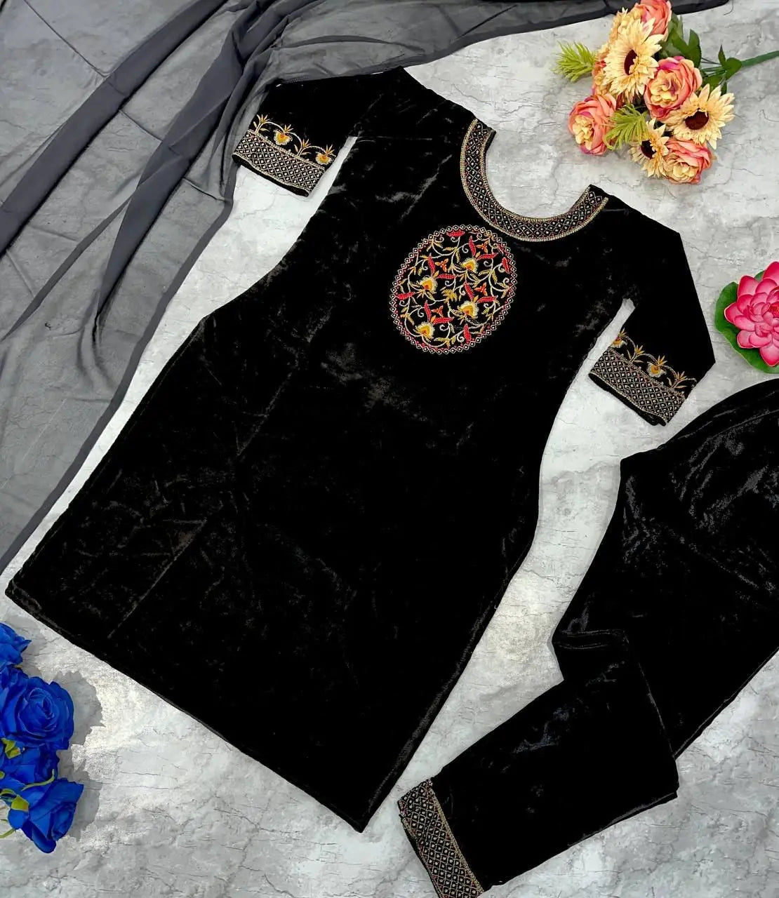 Winter Special Designer Black Velvet Kurti Pant Dupatta Set