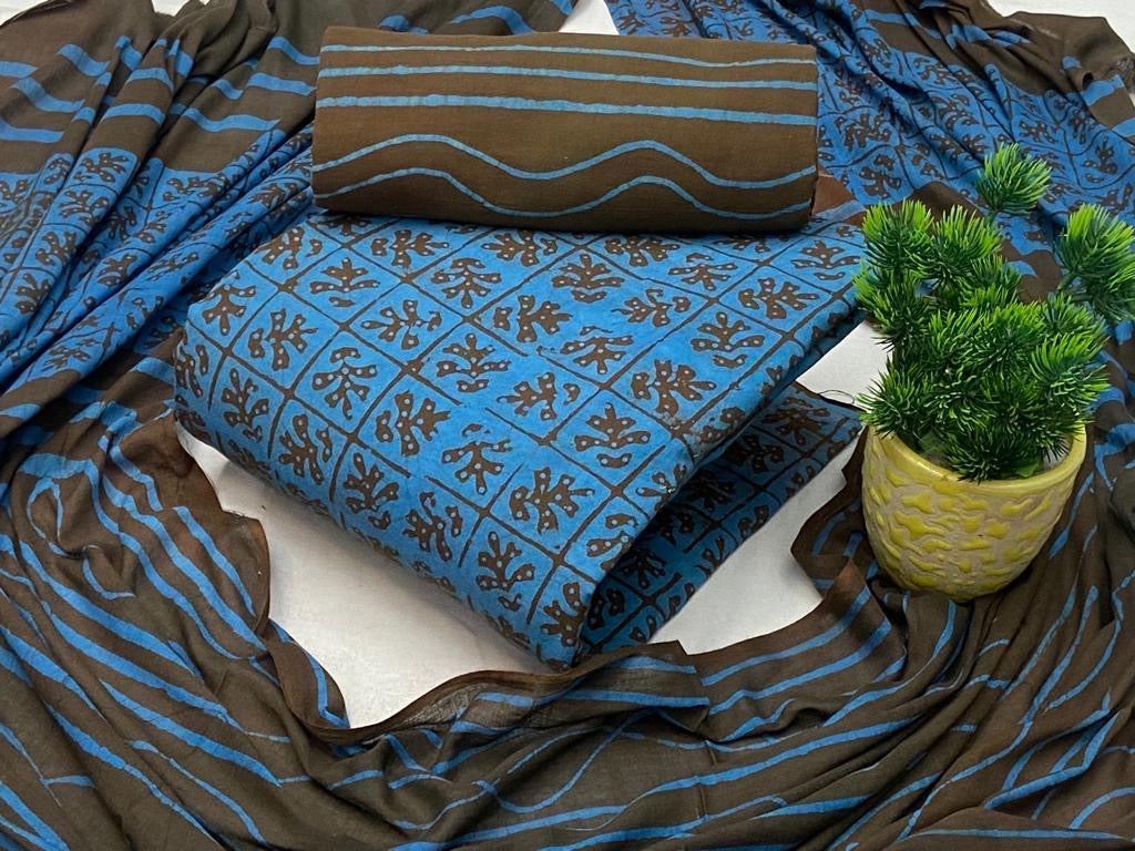 Soft Cotton Hand Blocked Wax Batik Dress Material (Unstitched)