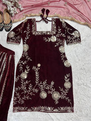 Pure Viscos Heavy Velvet Embroidery Work Velvet Kurti Sharara Set