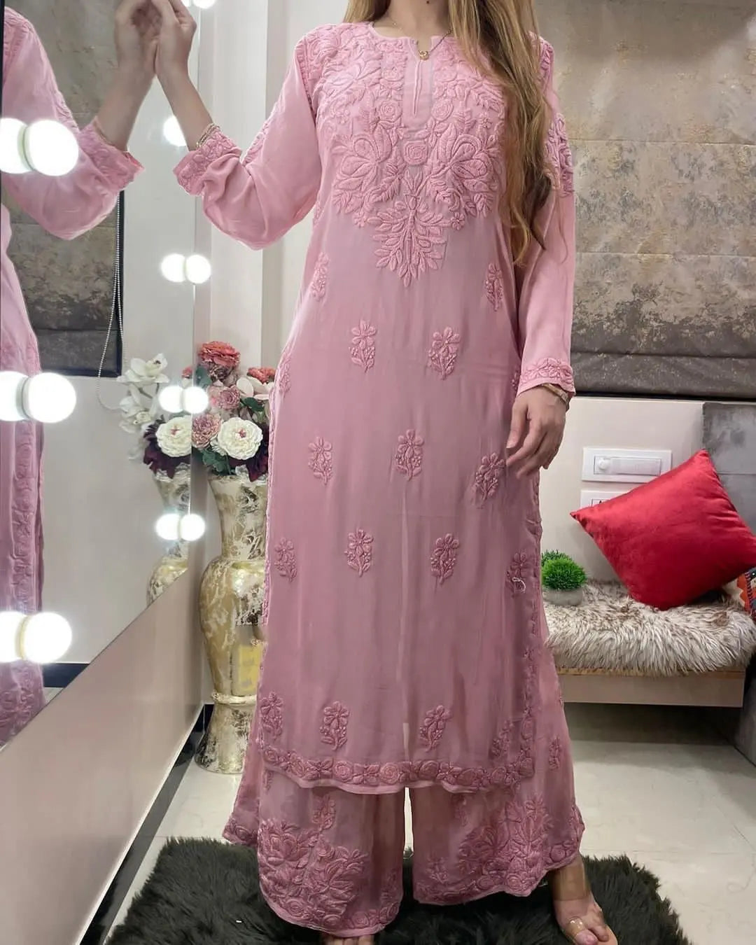 Rayon Chain Stitch Thread work Kurti Palazzo