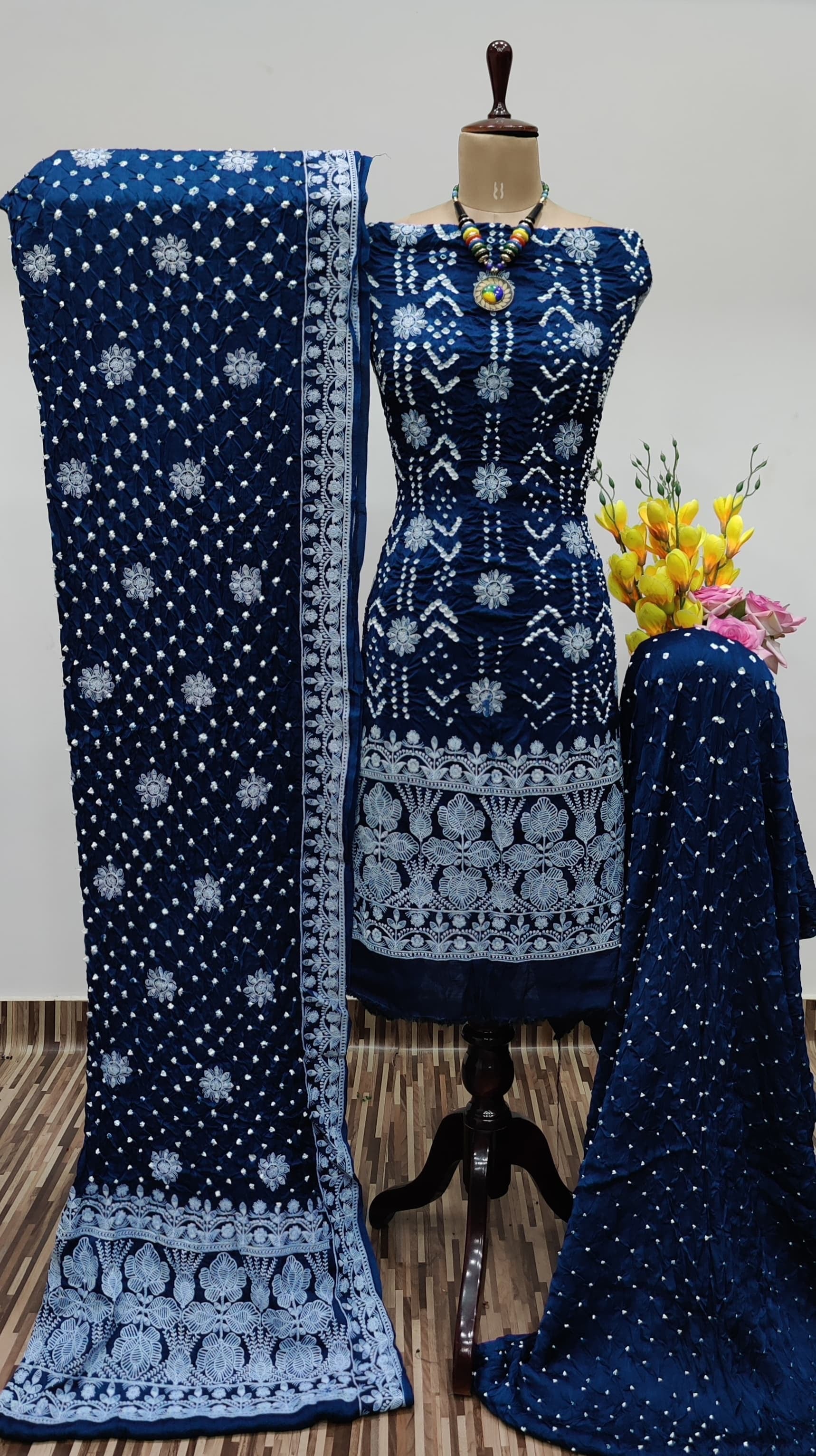 Modal Silk Lakhnavi Thread Embroidery work Bandhani Dress Material (Unstitched)