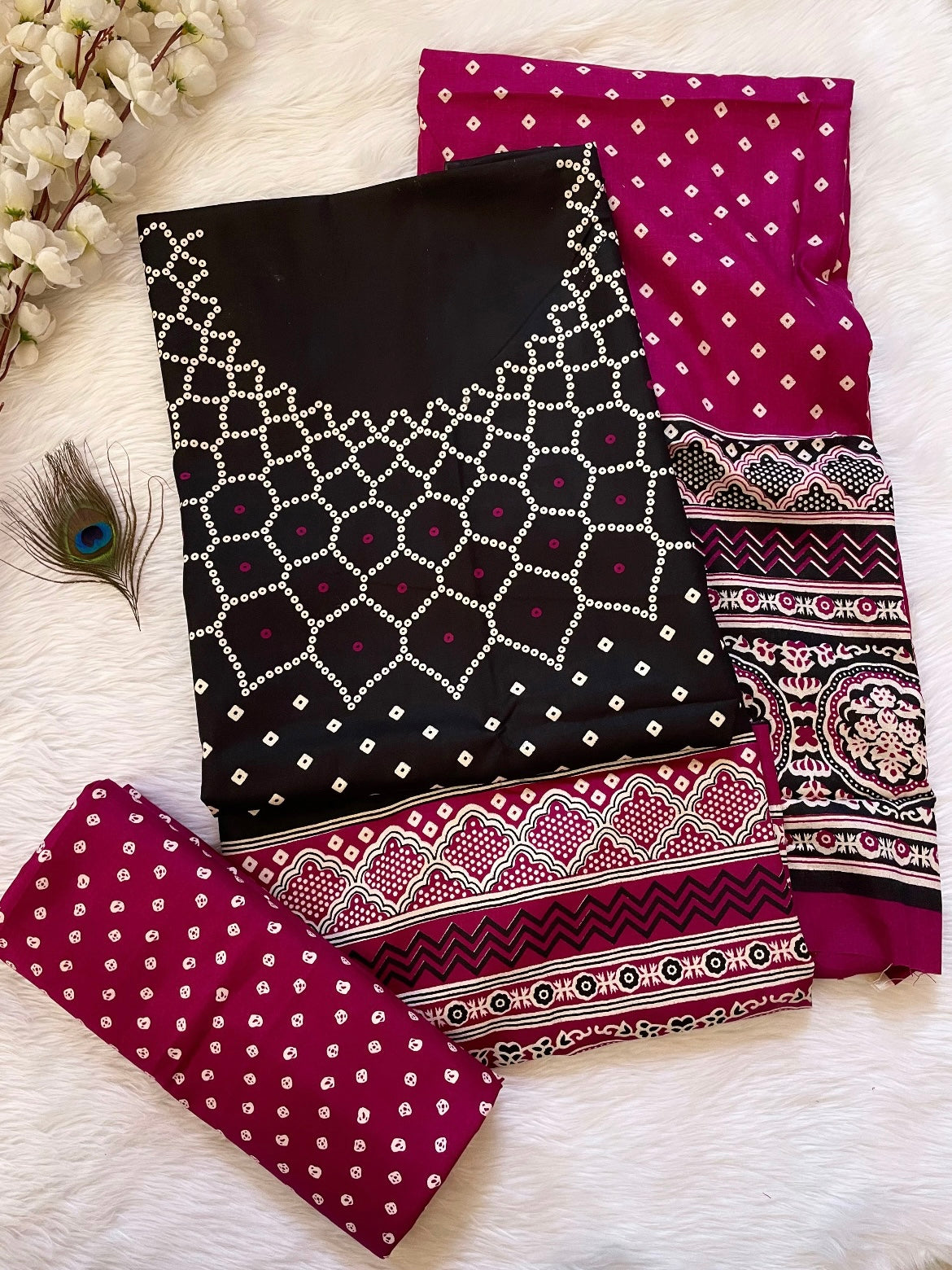 Rayon Cotton Ajrakh Hand block with Bandhani Print Dress Material (Unstitched)