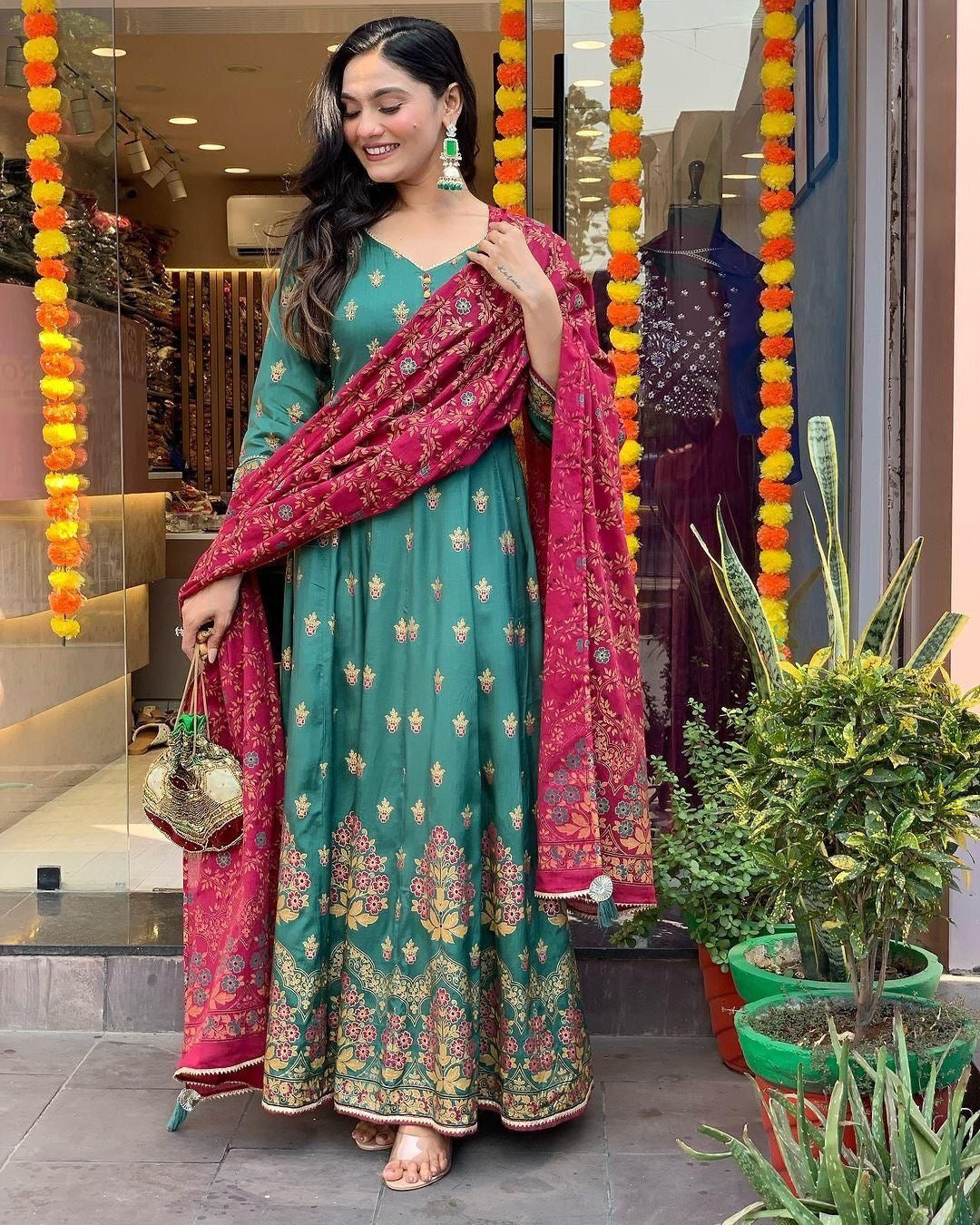 Roman Silk Foil Work Kurti Pant Dupatta Set (Stitched)