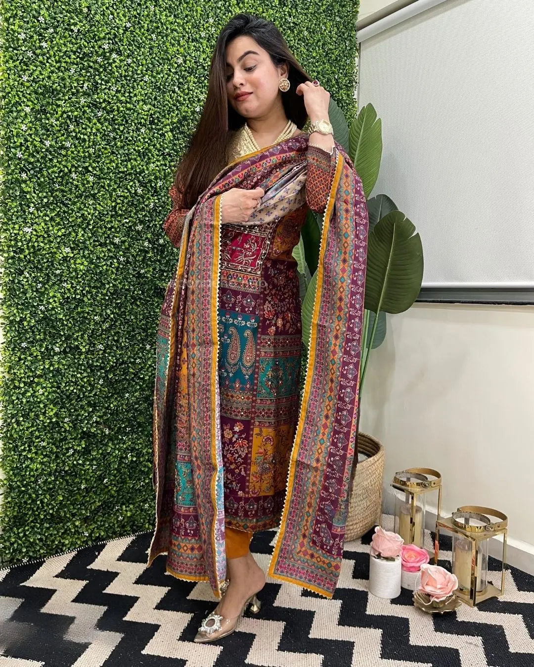 Muslin Real Mirror work Digital Print  Party wear Kurti Pant Dupatta set