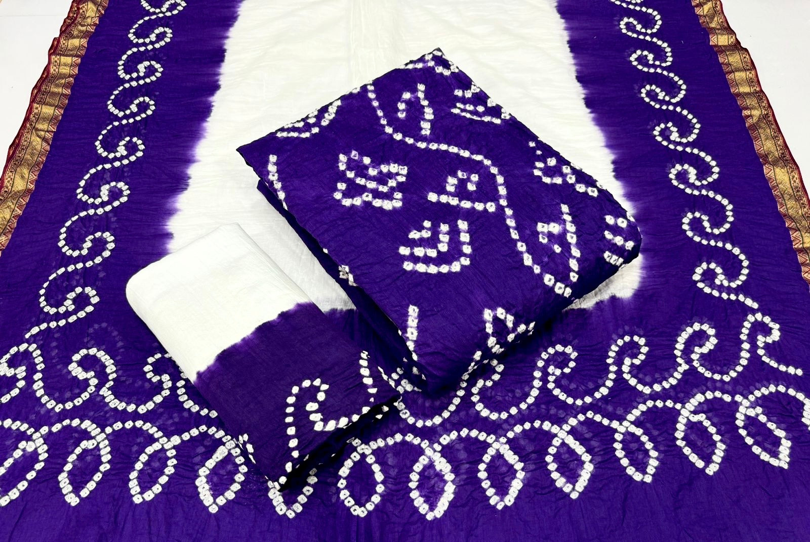 Soft Cotton Satin White Concept Barik Bandhej Work Kutch Bandhani Dress Material