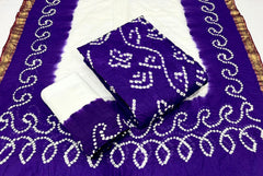 Soft Cotton Satin White Concept Barik Bandhej Work Kutch Bandhani Dress Material