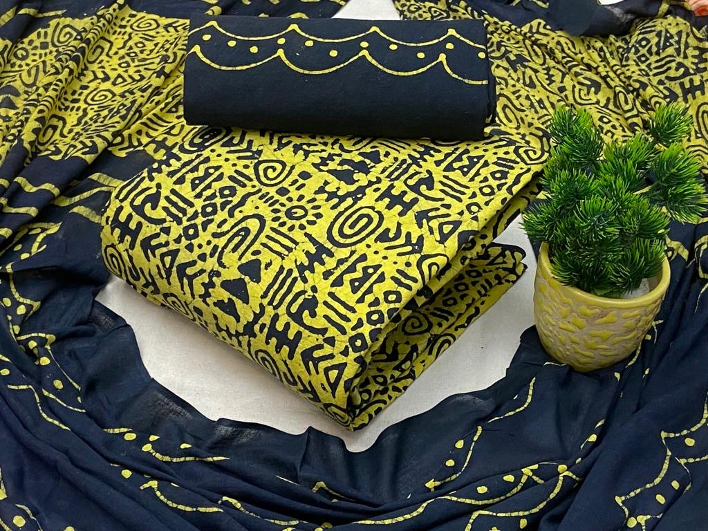 Soft Cotton Hand Blocked Wax Batik Dress Material (Unstitched)