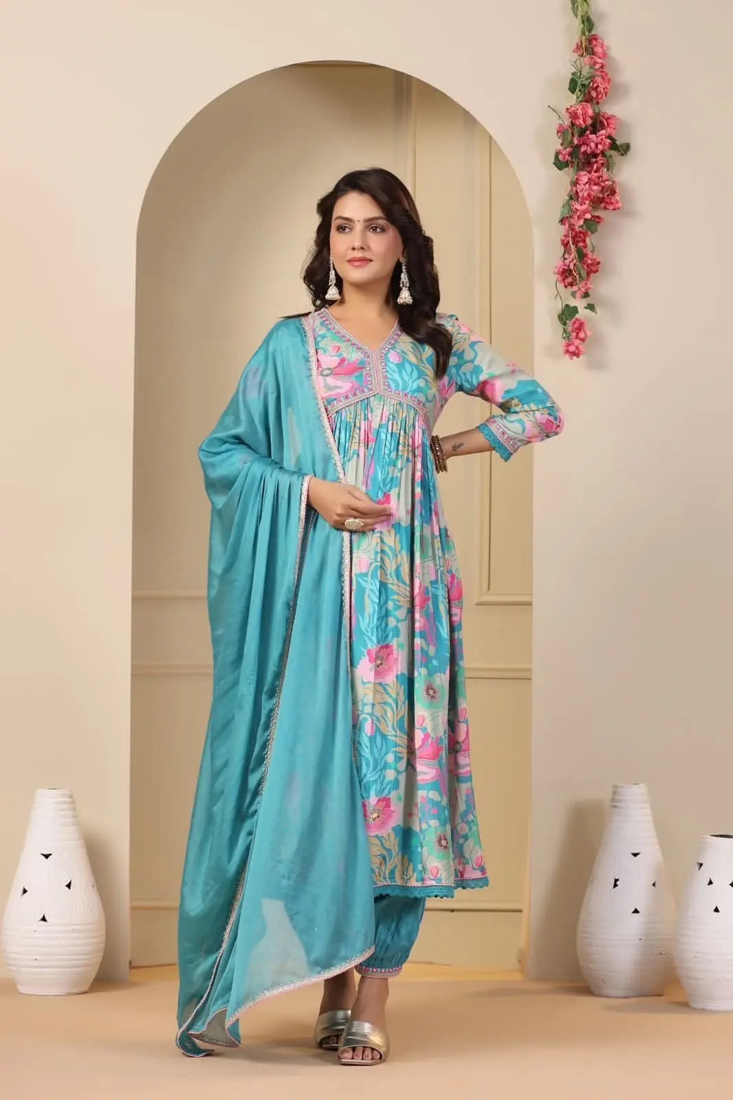 Muslin Alia Cut Zari Embroidery Digital Print work Kurti Pant Set (Stitched)