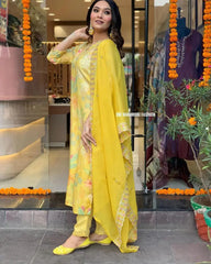 Muslin Silk digital Print with Embroidery work Kurti Pant Dupatta Set