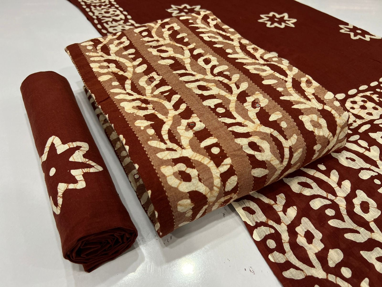 Soft Cotton Mirror work Hand Blocked Wax Batik Dress Material