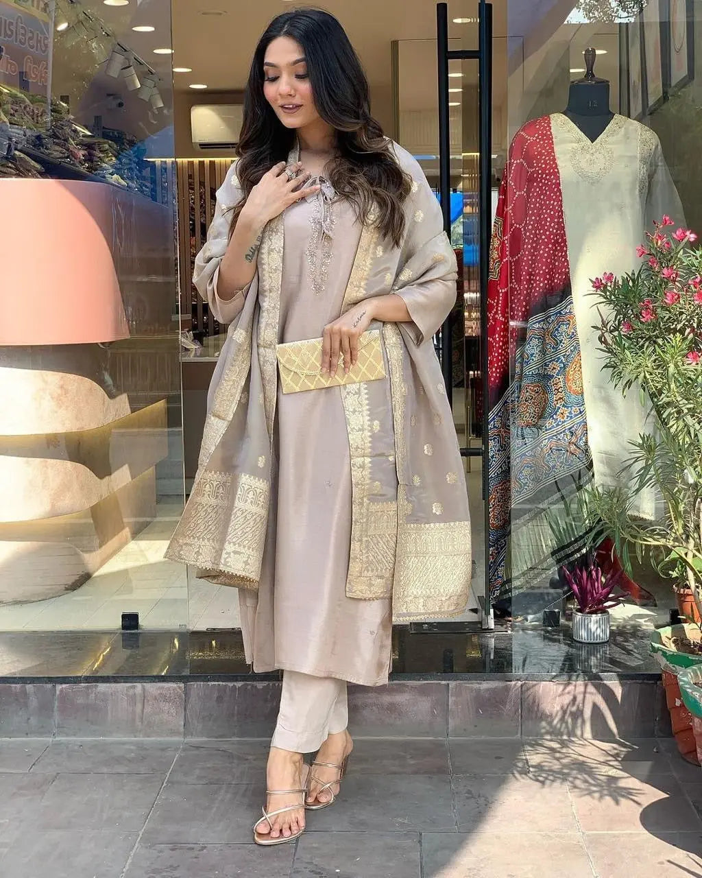 Roman Silk Jeckard Hand work Zari Weaving work Kurti Pant Dupatta Set (Stitched)