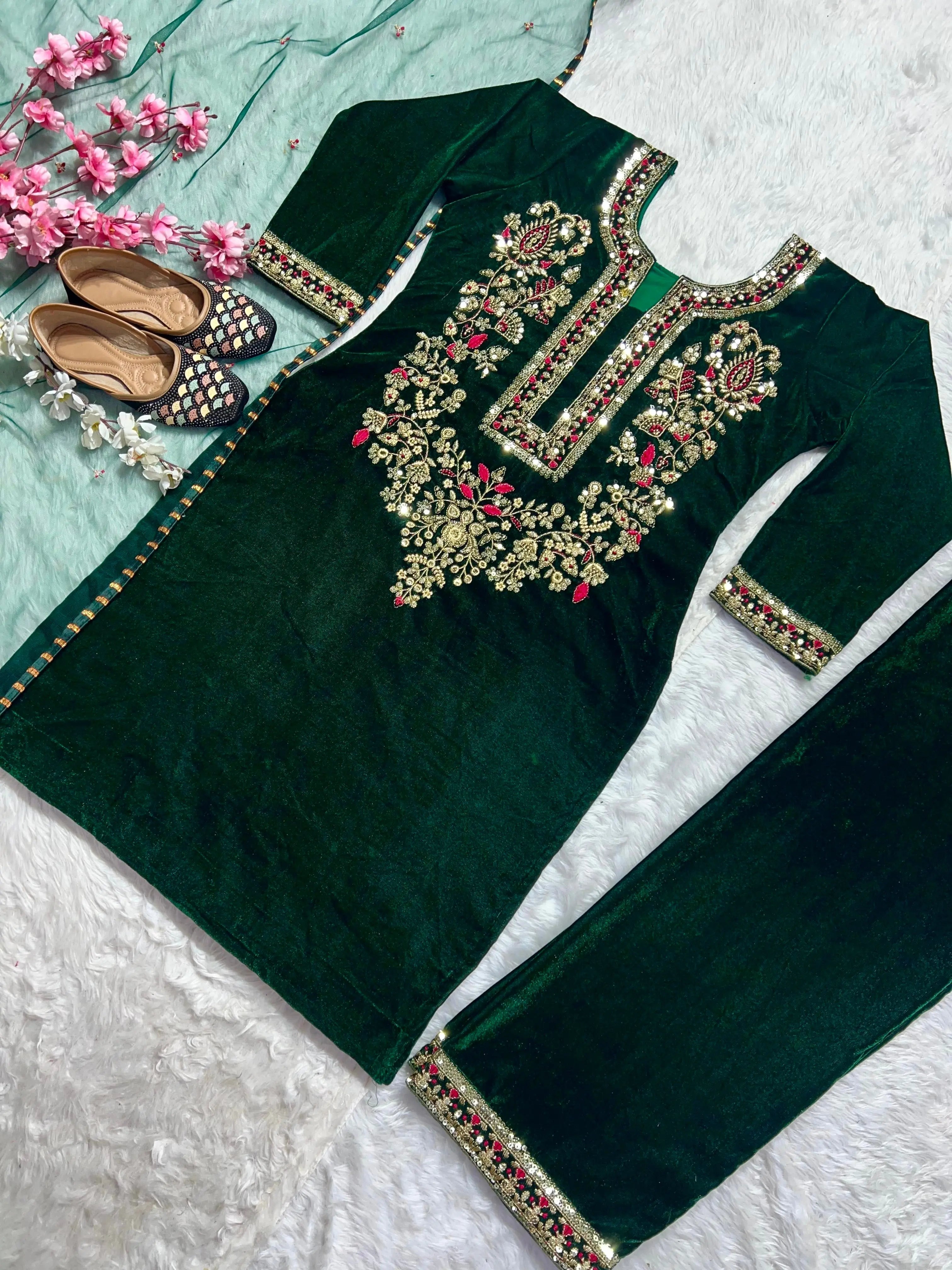 Neck Embroidery Work Winter Wear Velvet Kurti Pant Dupatta Set