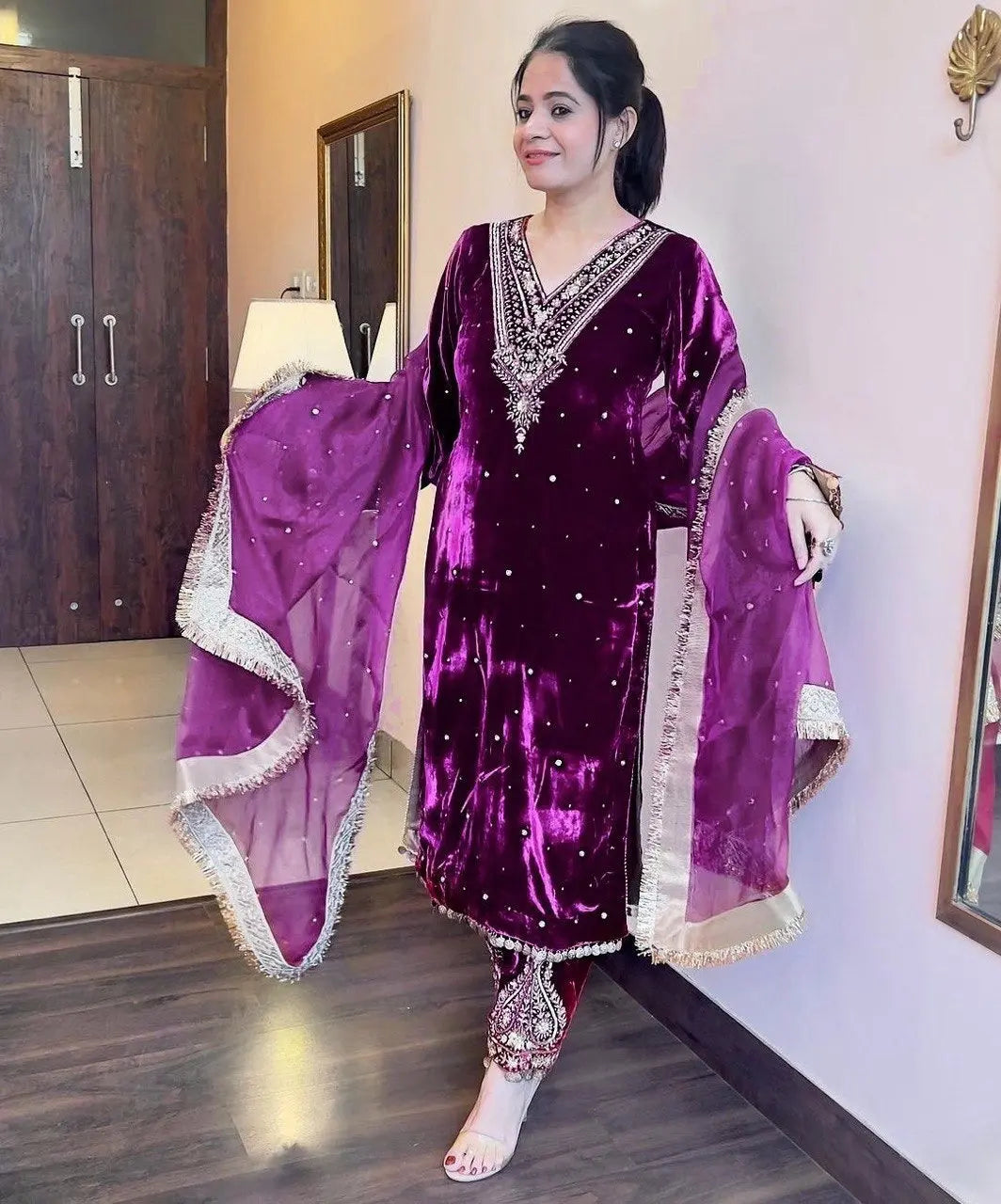 Winter Velvet Embroided Kurti Pant Dupatta Set