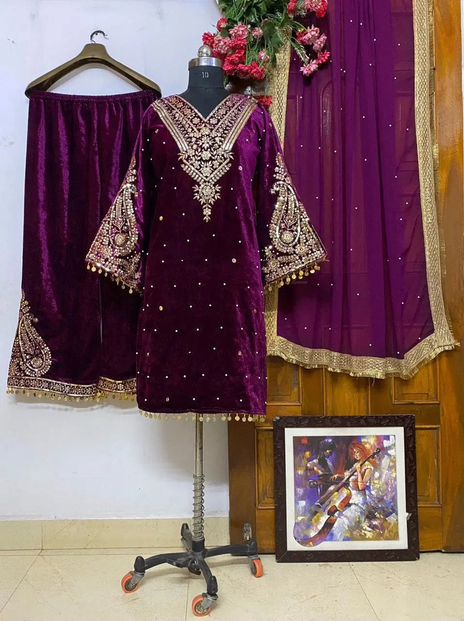 Winter Velvet Embroided Kurti Pant Dupatta Set