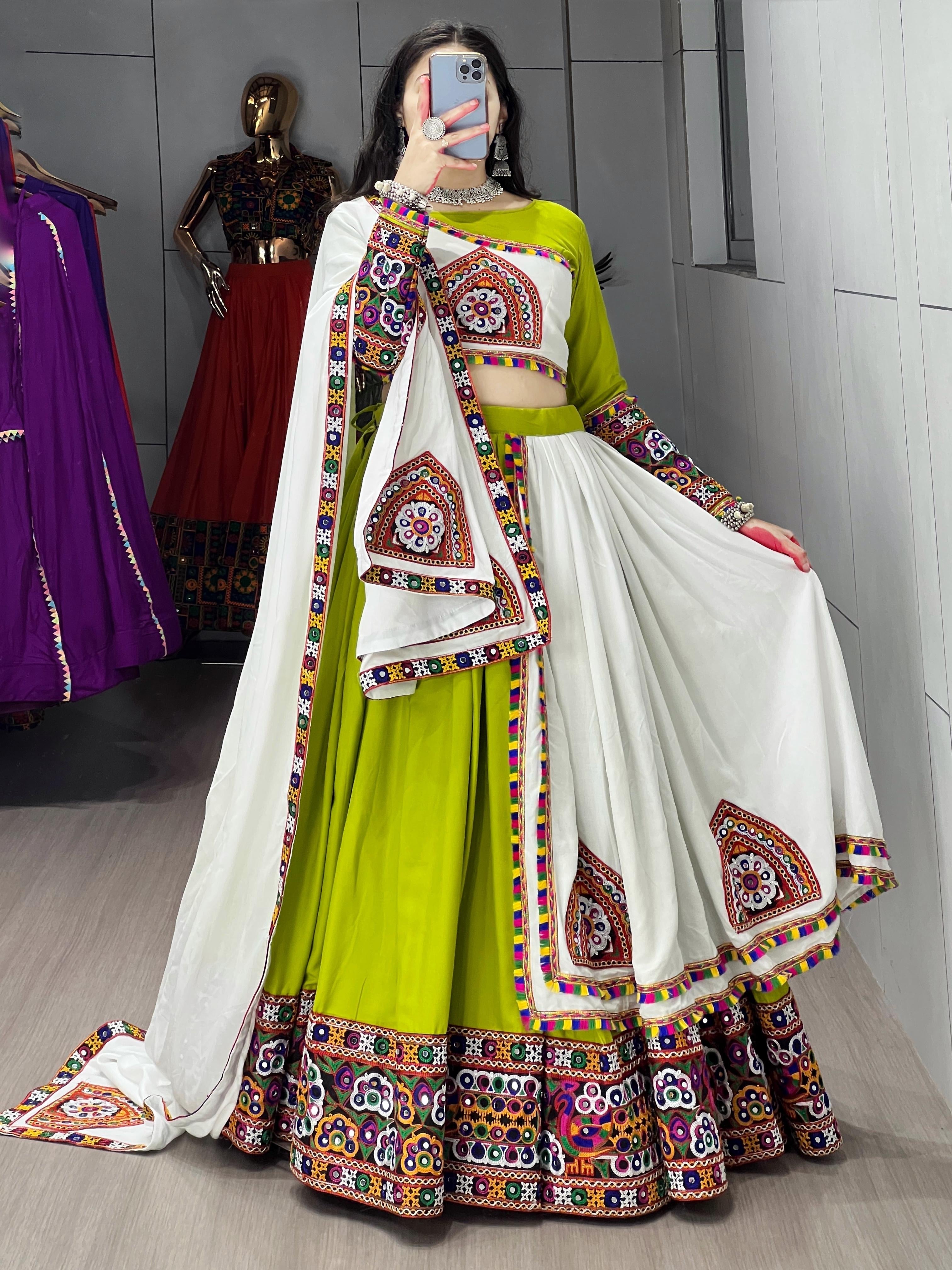 Pure Rayon Kutchi Mill Thread Work White Concept Navratri Special Designer Chaniya Choli (Ready to Wear)