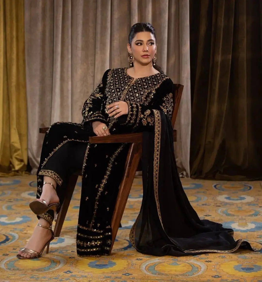 Sequence Embroidery work Pakistani Velvet Kurti Pant Dupatta Set (Stitched)