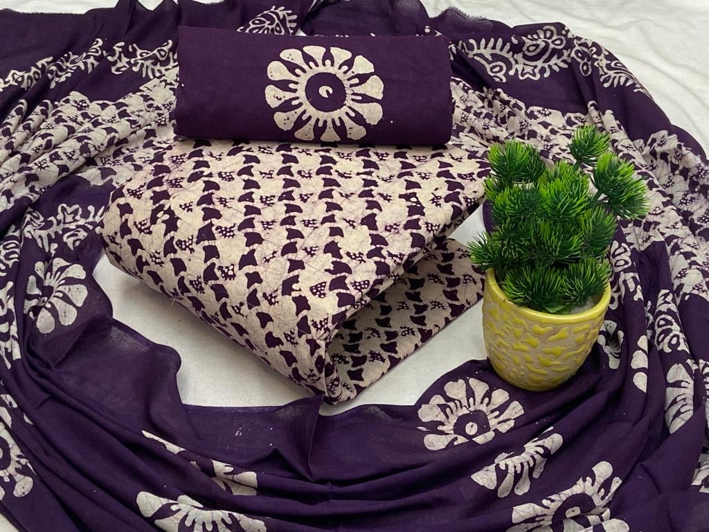 Soft Cotton Hand Blocked Wax Batik Dress Material (Unstitched)