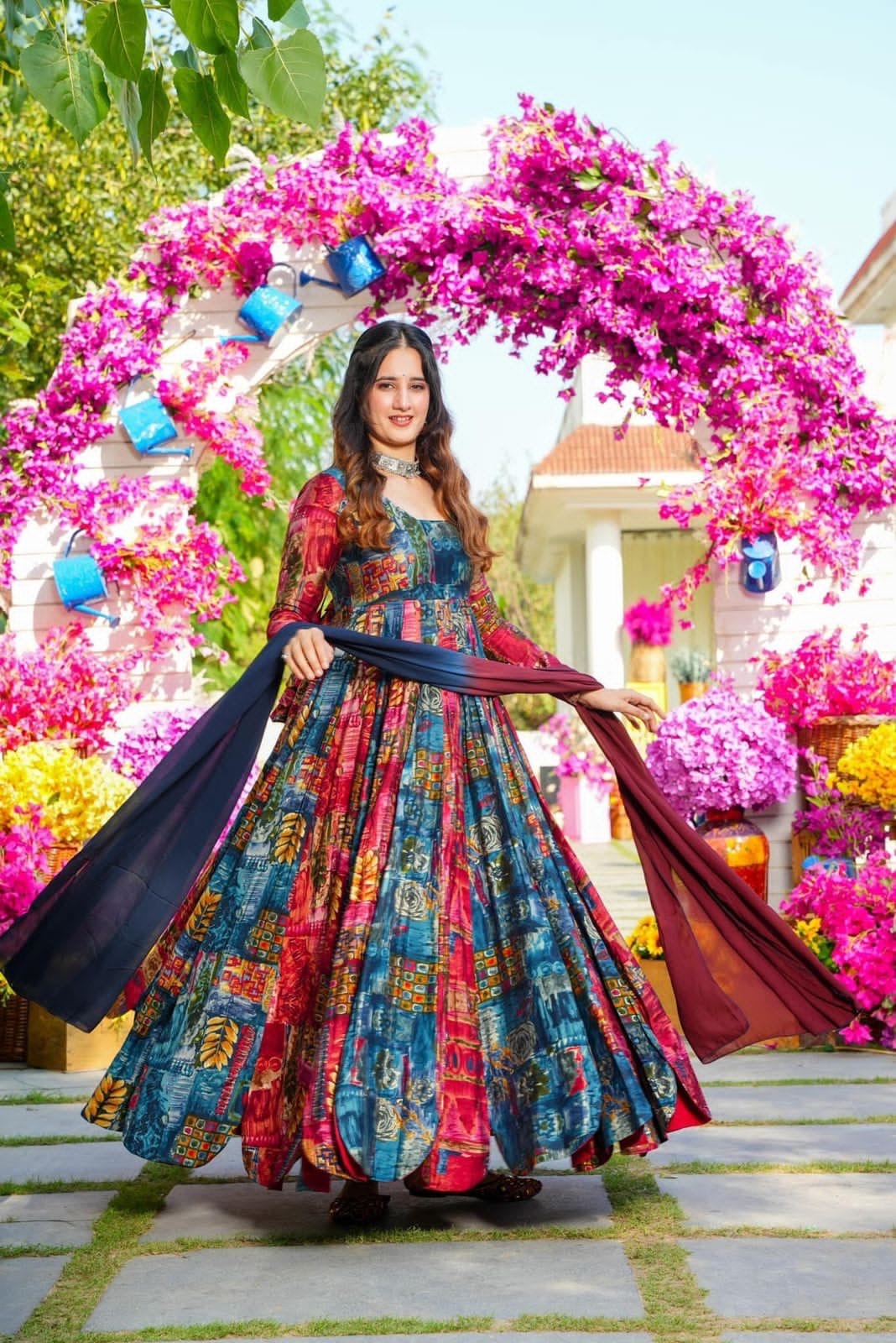 Muslin Digital Print Flair work Kurti Dupatta Set