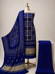 Modal Silk Golden Chex Work Jamnagar 3Pc Unstitched Dress Material