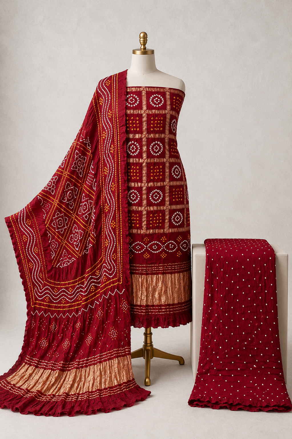Modal Silk Golden Chex Work Jamnagar 3Pc Unstitched Dress Material