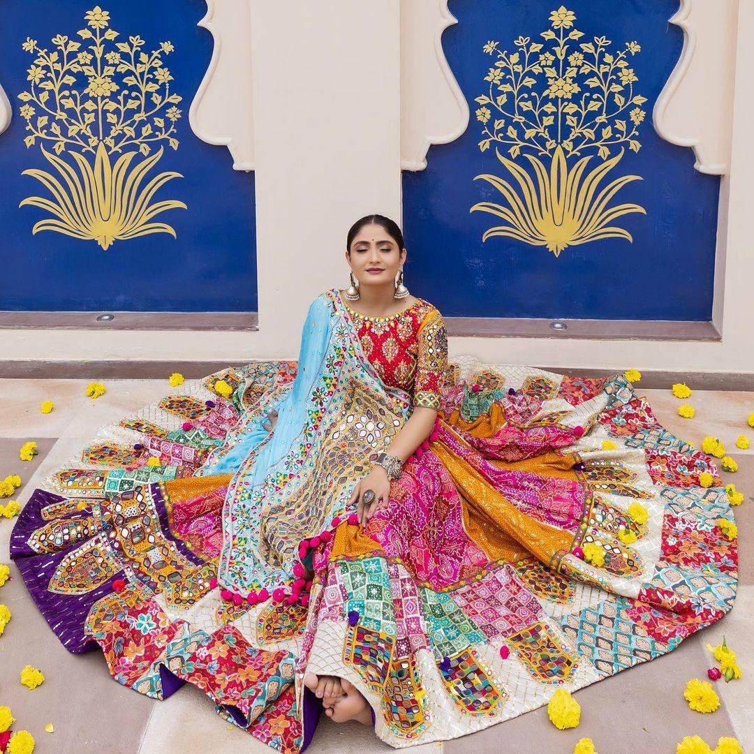 Muslin Digital Print with Mirror Work Designer Chaniya Choli for Navratri Dandiya