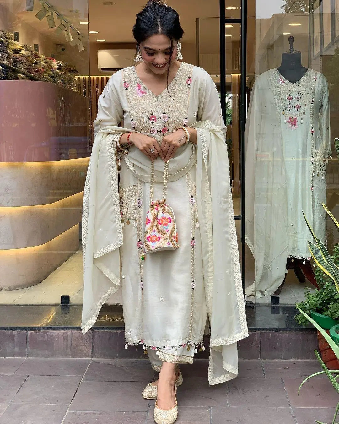 Pure Roman Silk Sequence Embroidery with Kodi Work Summer Special Kurti Pant Dupatta Set