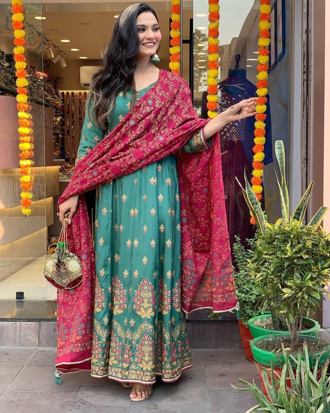 Roman Silk Foil Work Kurti Pant Dupatta Set (Stitched)