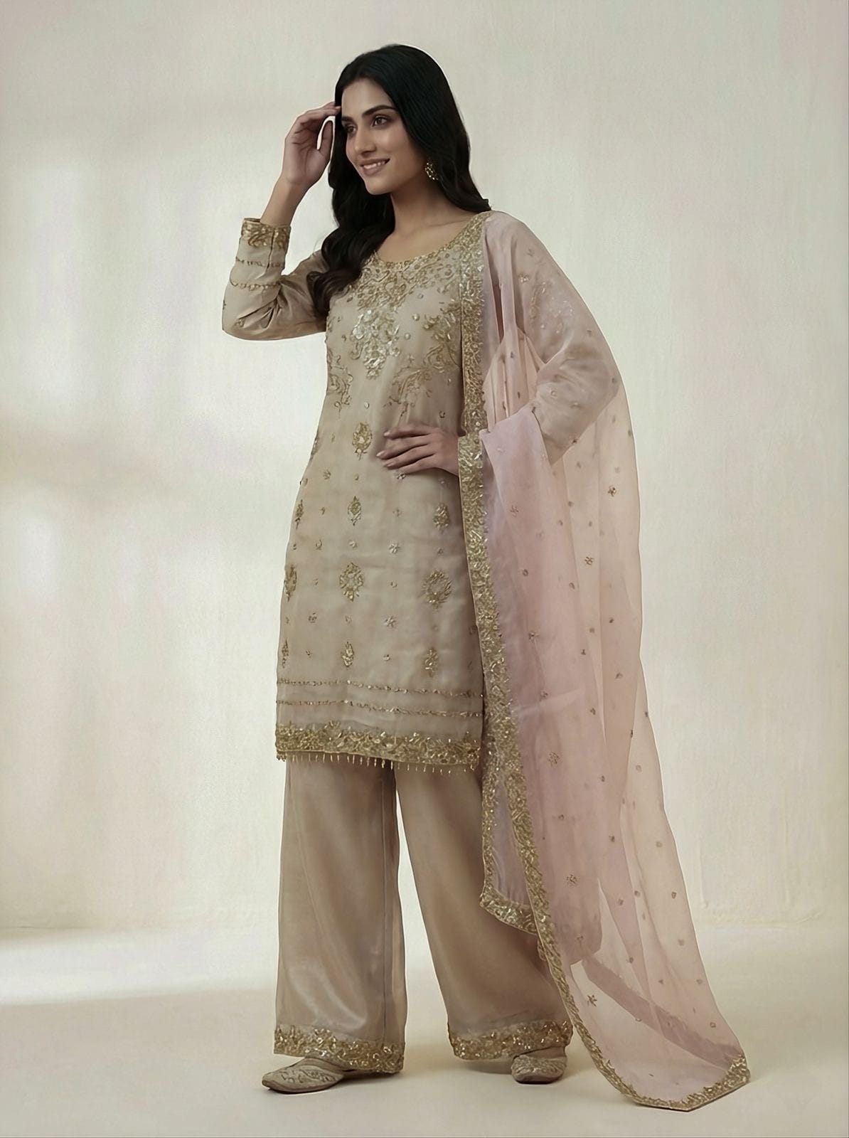 Silk Sequence Embroidery Work Designer Kurti Pant Dupatta Set