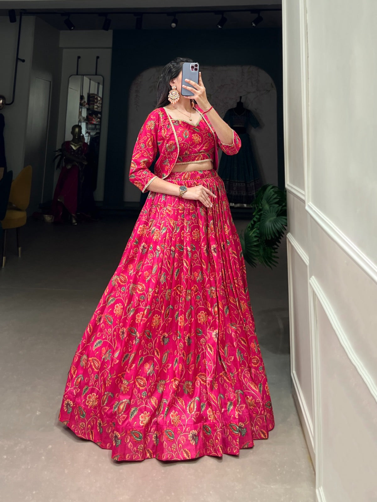 Tussar Silk Floral Print Gota Patti work Lehenga Choli Set (Ready to Wear)