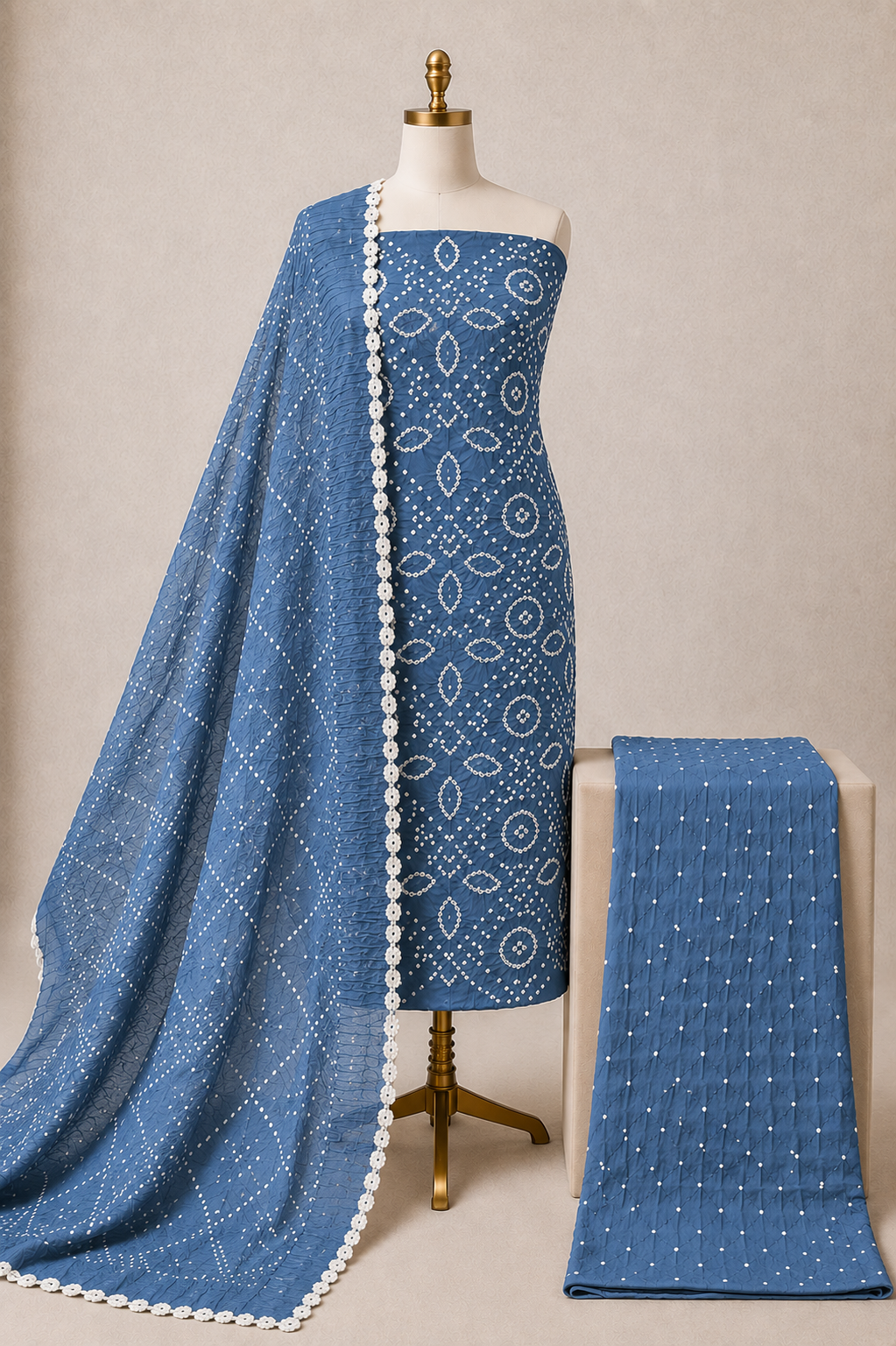 Soft Cotton Satin Self Color 3Pc Unstitched Bandhani Dress Material