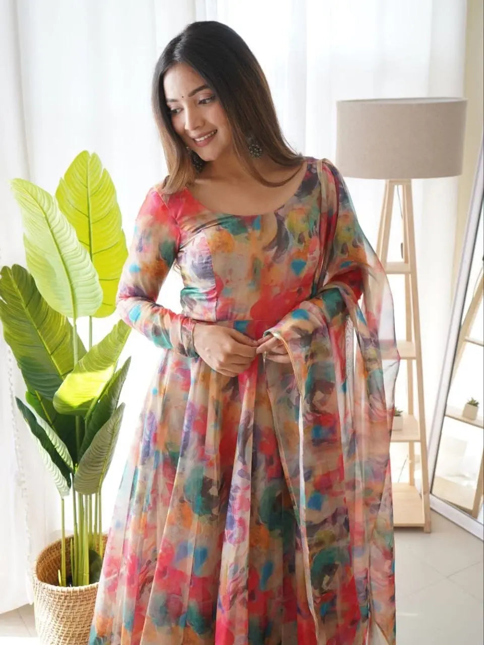 Organza Floral Digital Print Flair Dress Suit