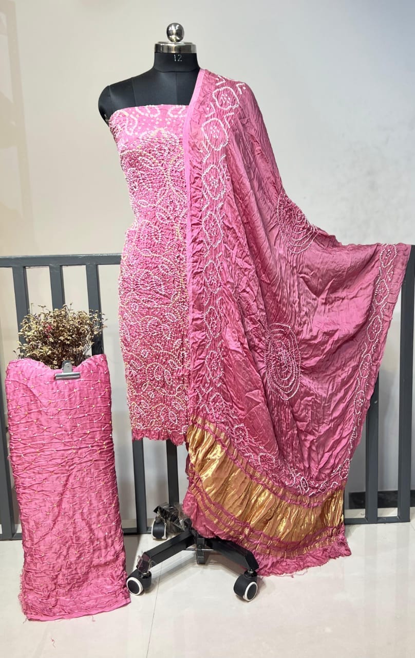 Modal Silk Original Kutch Hand Crafted Barik Bandhej Work Silk Bandhani Dress Material (Unstitched)