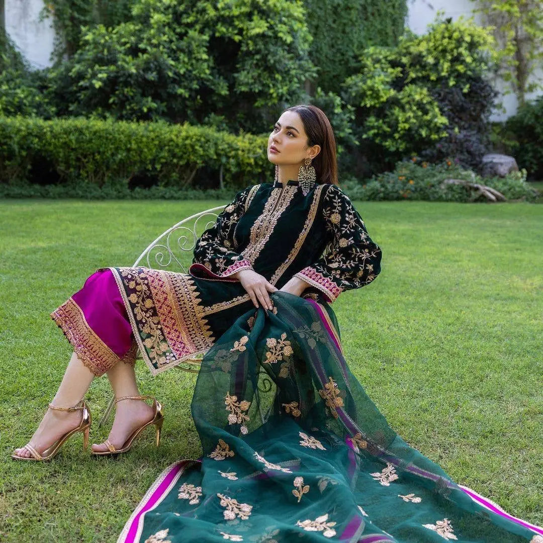 Thread Embroided winter Velvet Kurti Pant Dupatta Set (Stitched)