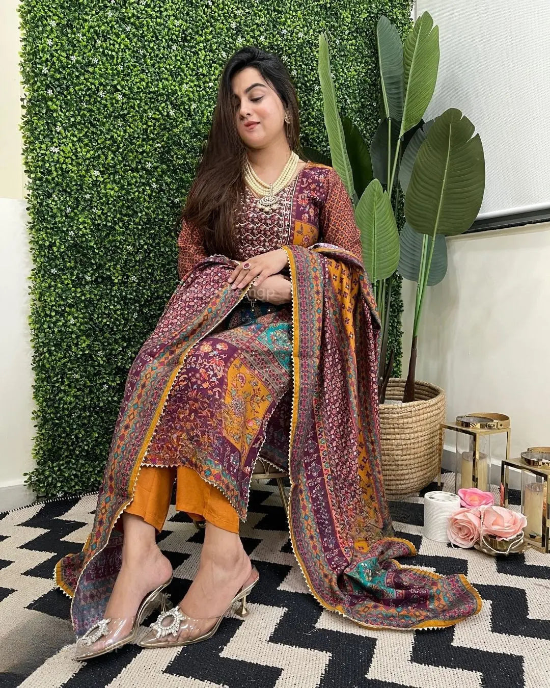 Muslin Real Mirror work Digital Print  Party wear Kurti Pant Dupatta set