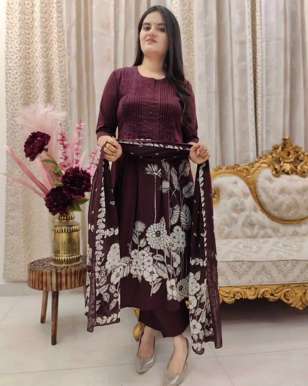 Soft Cotton Self Print Kurti Pant Dupatta Set