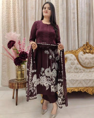 Soft Cotton Self Print Kurti Pant Dupatta Set