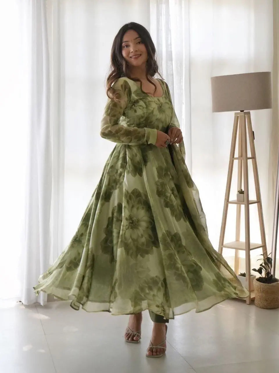Organza Floral Digital Print Flair Dress Suit