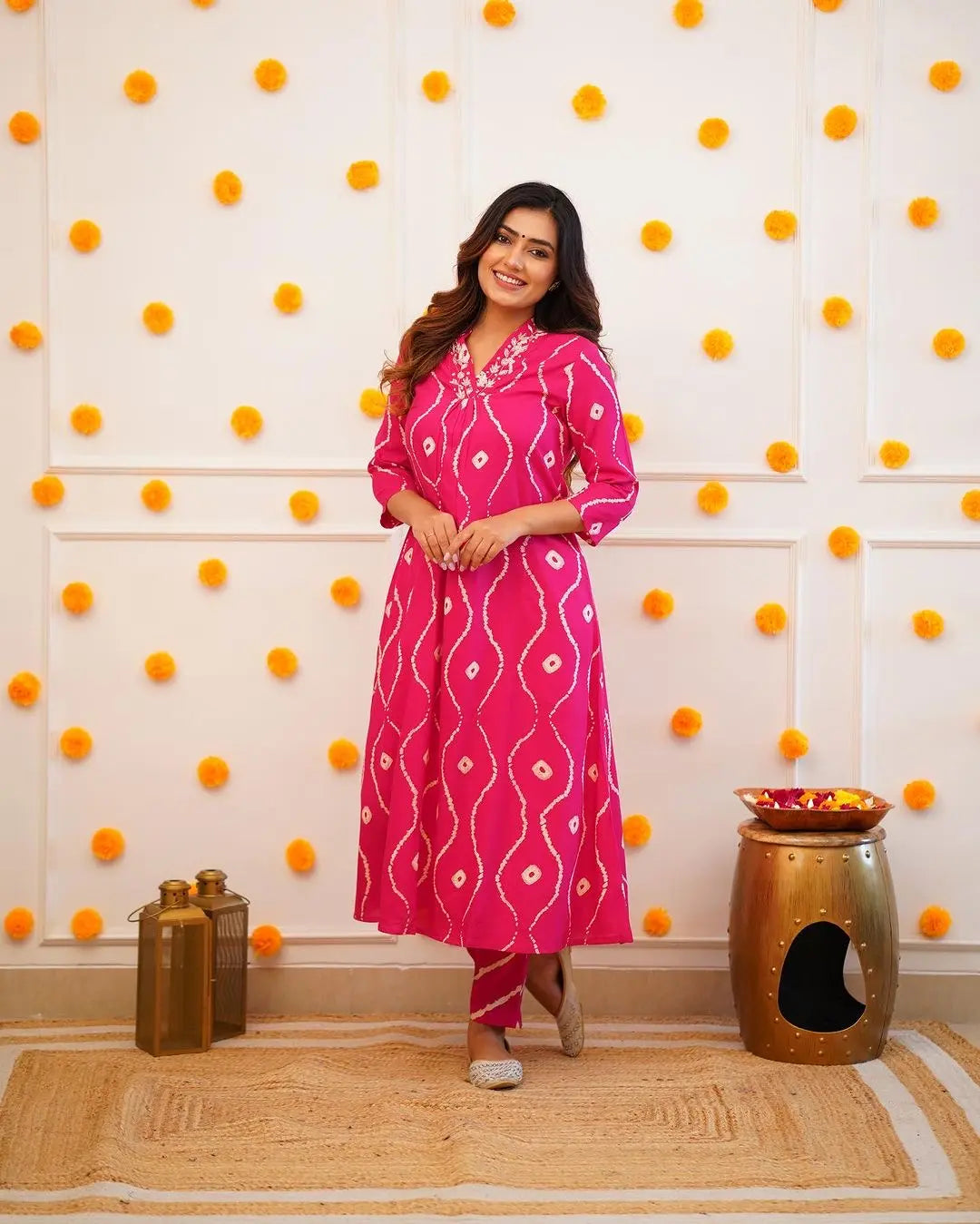 Neckline Thread Work Leheriya Kurti Pant Set (Stitched)