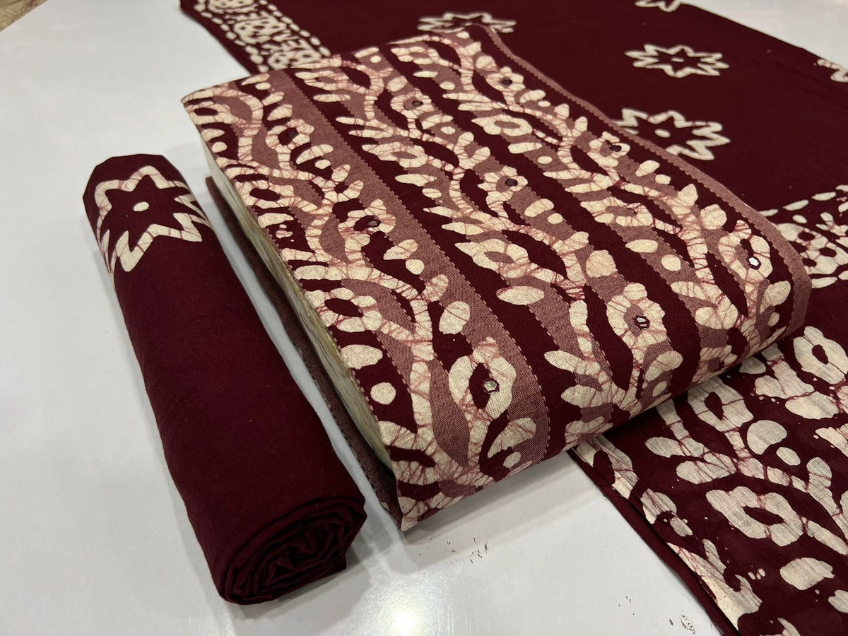Soft Cotton Mirror work Hand Blocked Wax Batik Dress Material