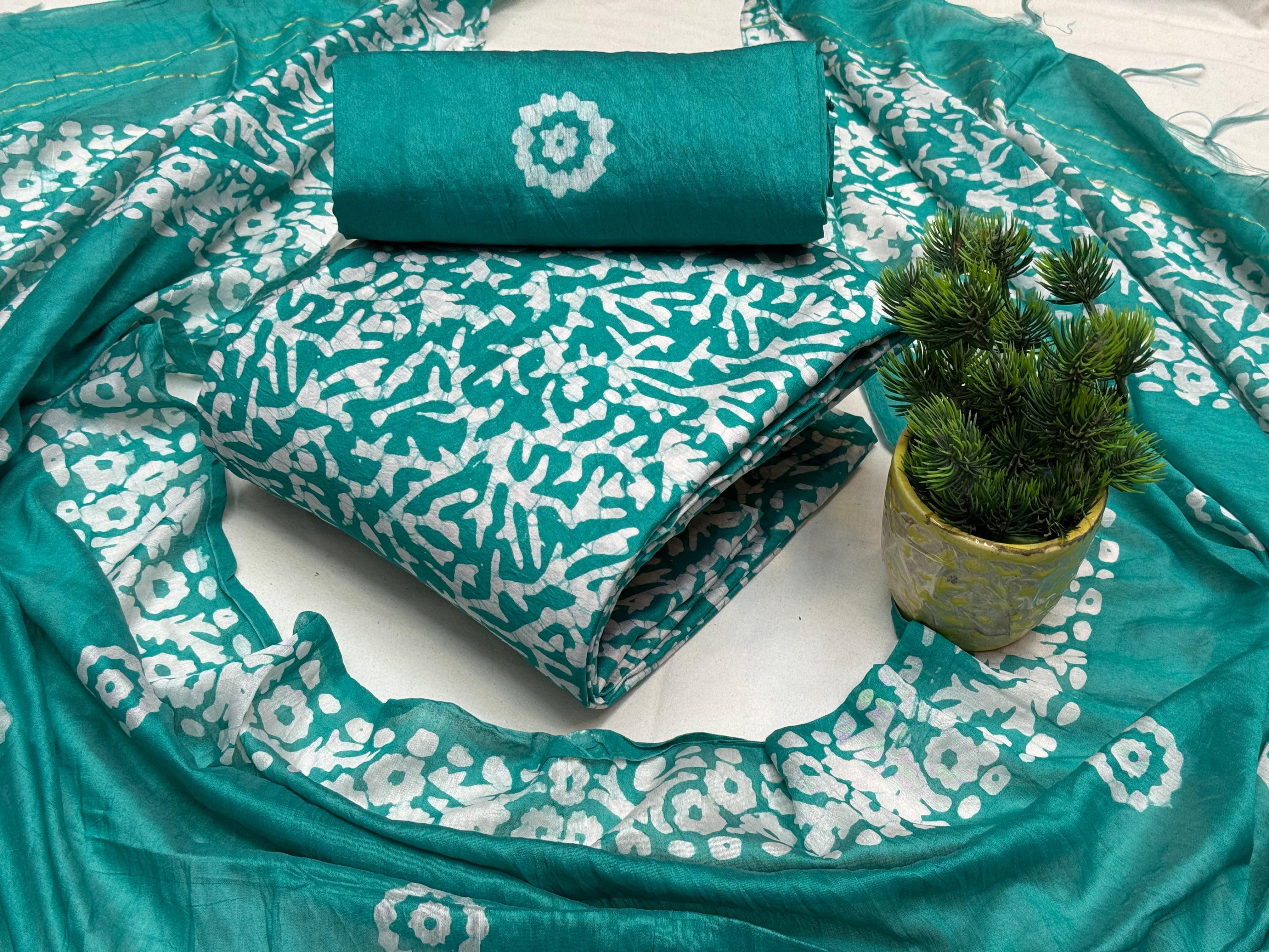 Muslin Silk Hand Blocked Batik Print Dress Material