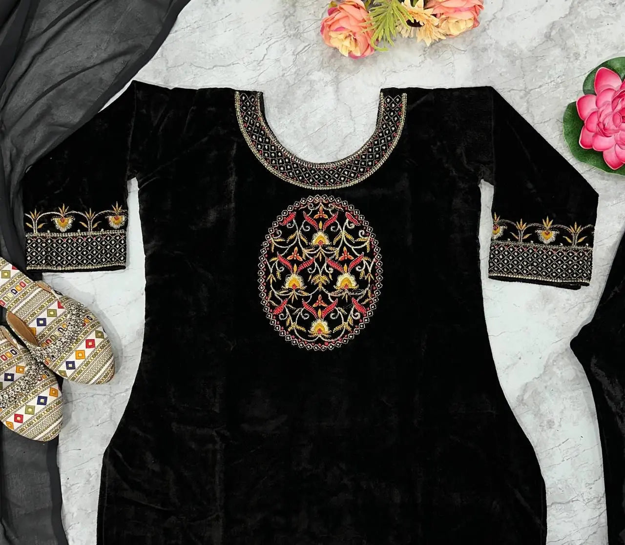 Winter Special Designer Black Velvet Kurti Pant Dupatta Set
