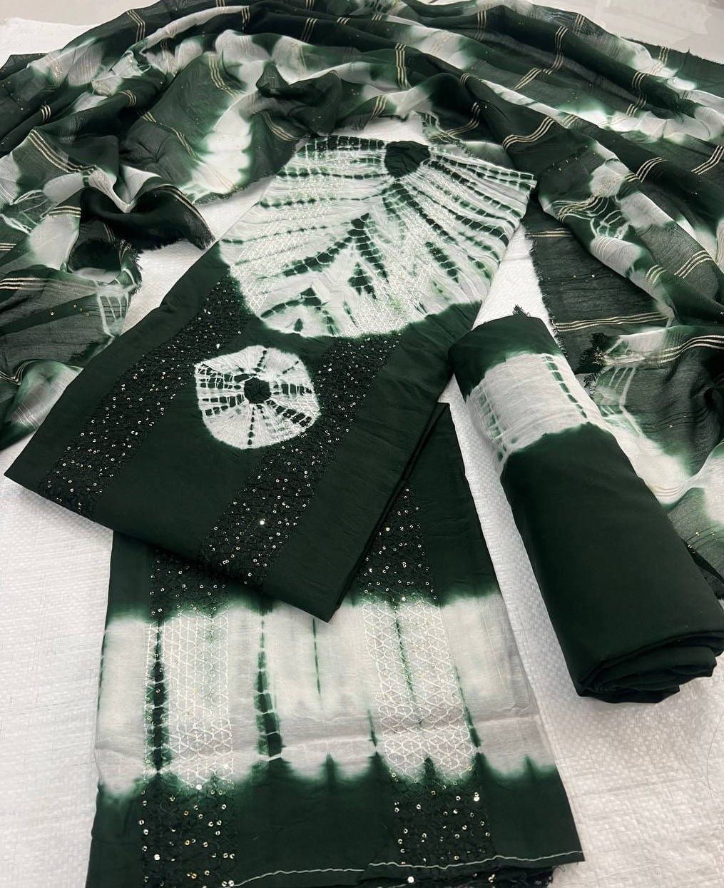 Pure Viscos Cotton Shibori 3 Pc Bandhani Dress Material (Unstitched)