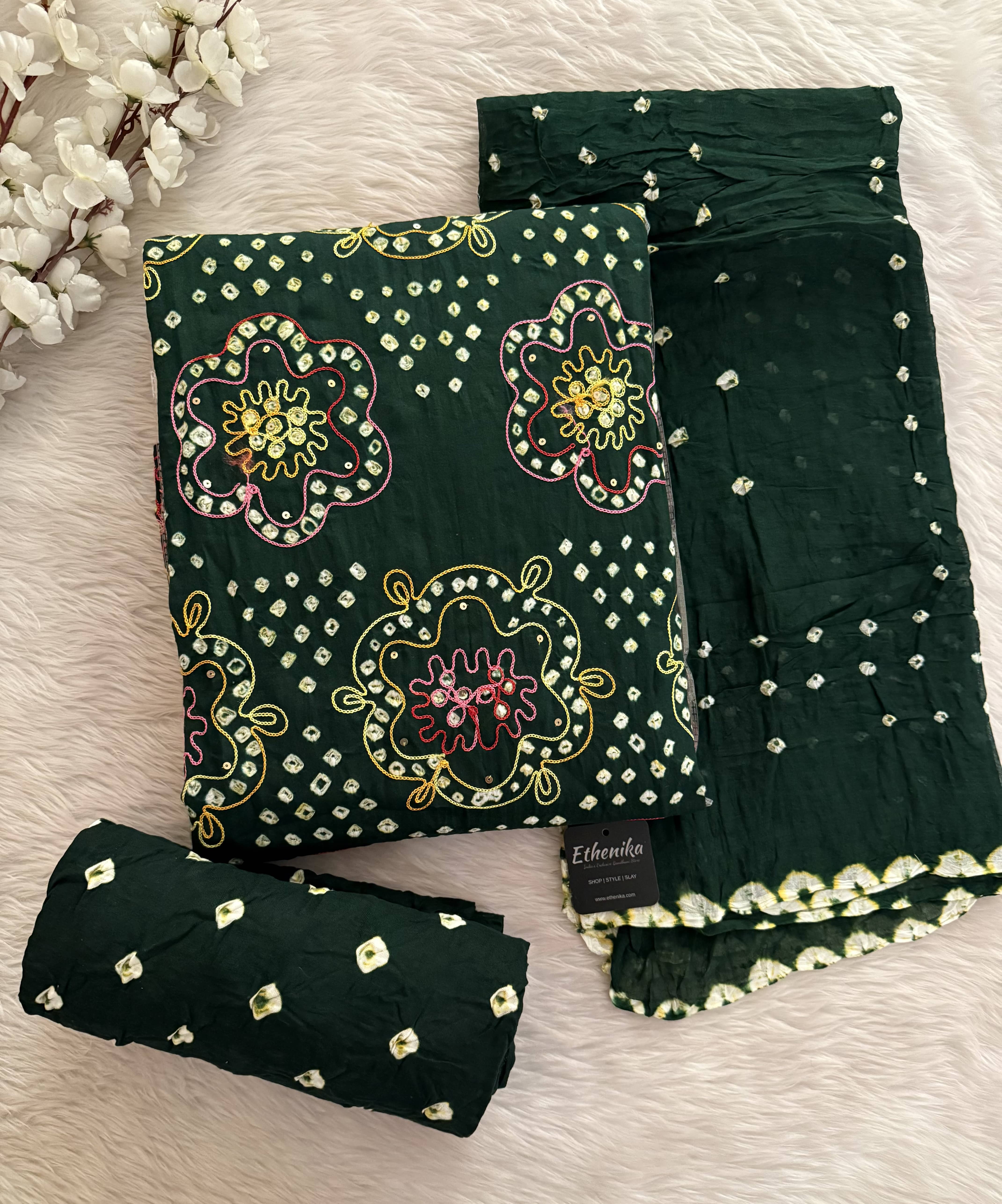Soft Cotton Mirror Thread Work Bandhani Dress Material