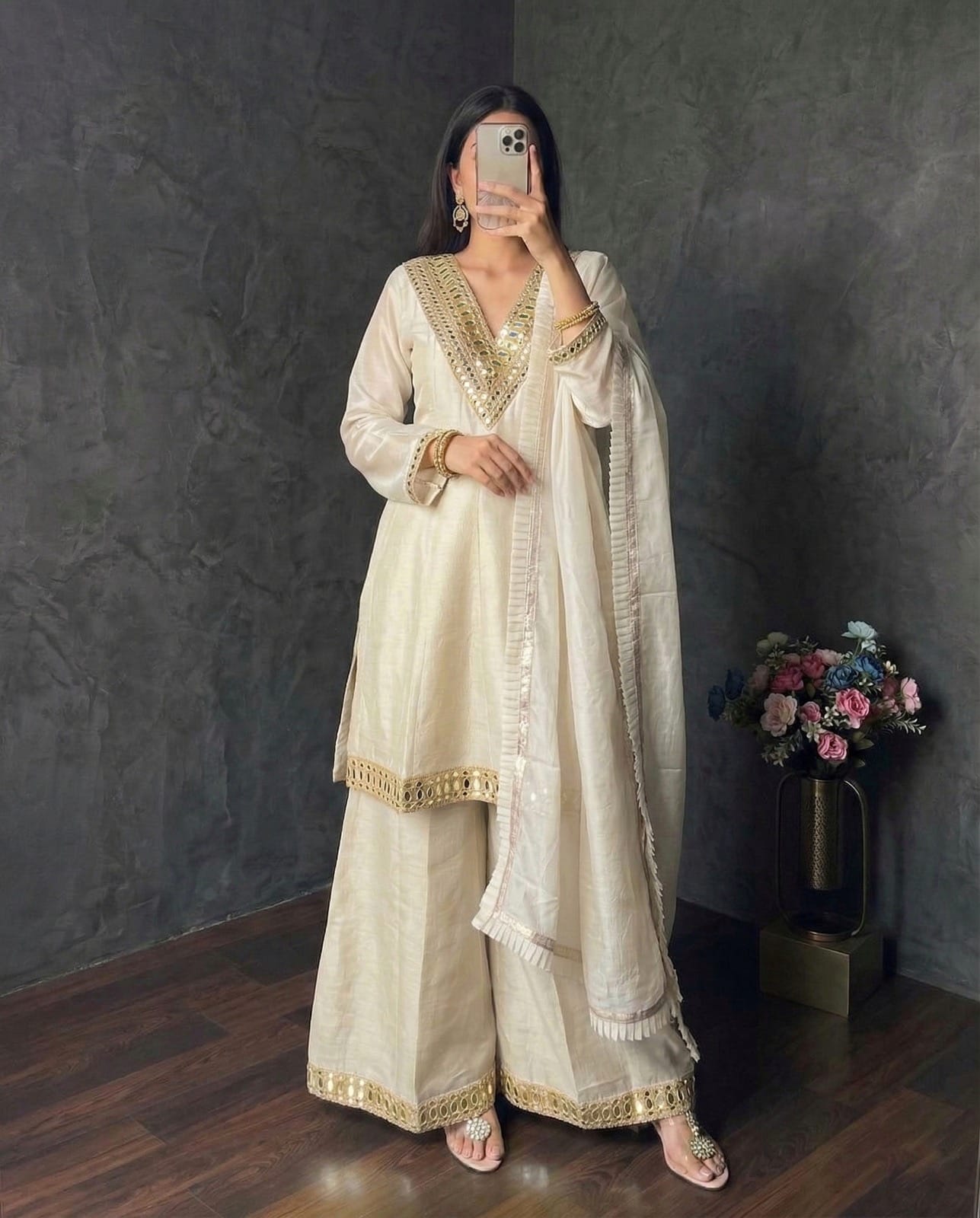 Shimmer Silk Mirror Work 3Pc Designer Kurti Pant Dupatta Set