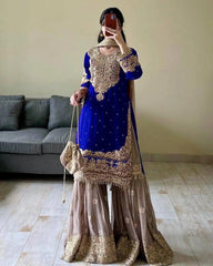 Real mirror Embroidery work Kurti Sharara Dupatta set